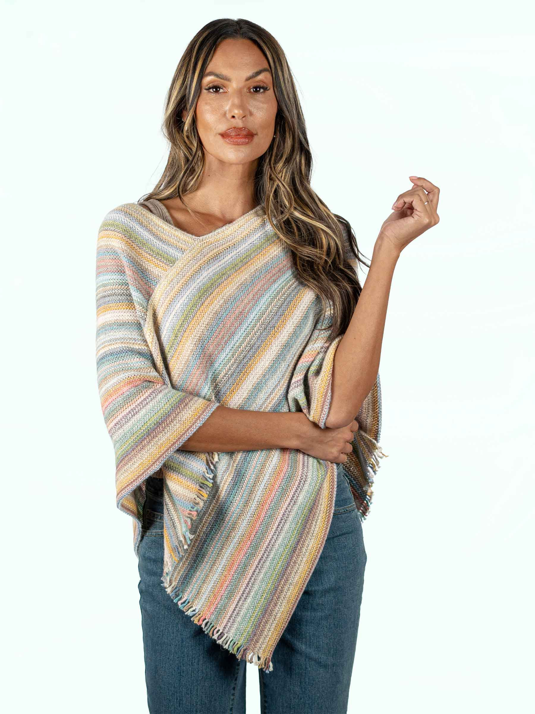 Riviera 95% Baby Alpaca Triangle Poncho with Fringe, on model, main image