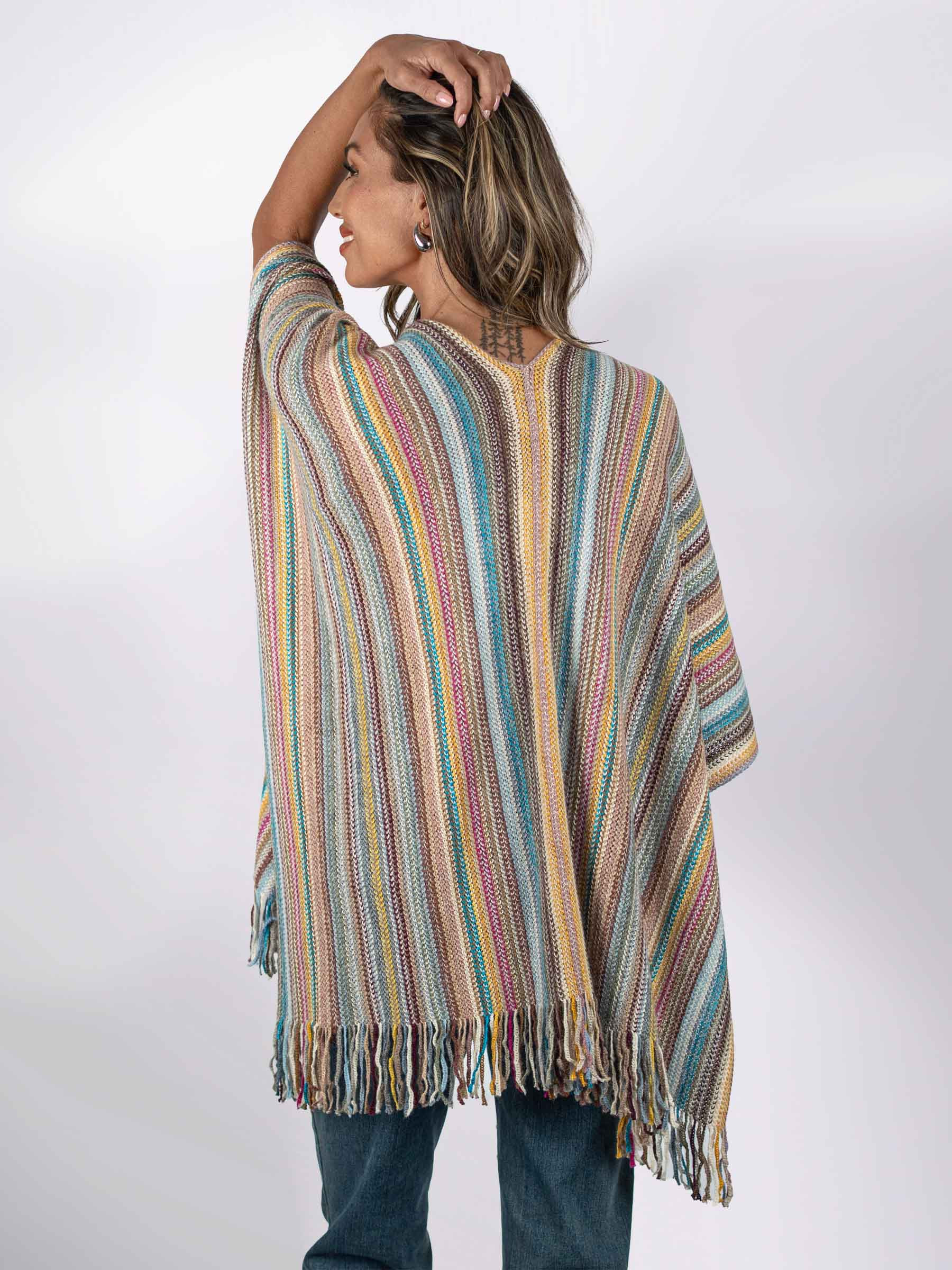 Riviera Fringed Baby Alpaca Wool Ruana, on model, back