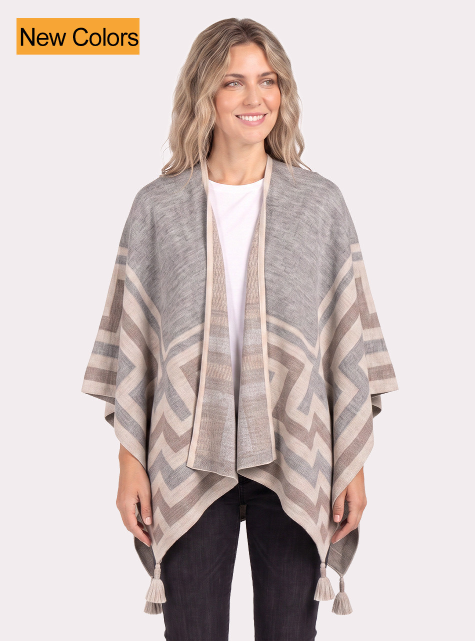 Maze Cape Baby Alpaca Poncho front view on model with jeans and a tshirt