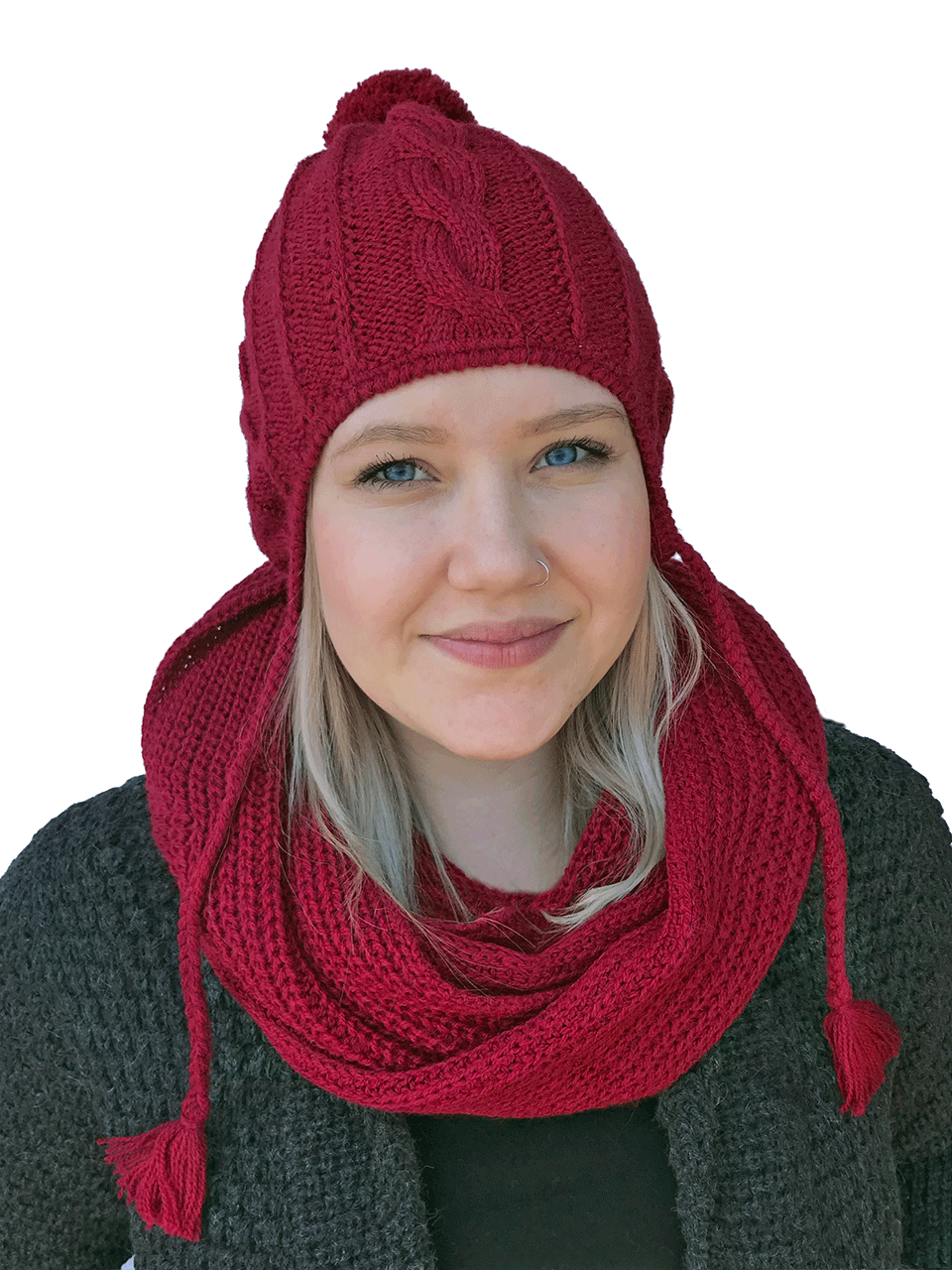 Pom Beanie with Cables, Flaps & Braids - Alpaca & Acrylic
On Model Front