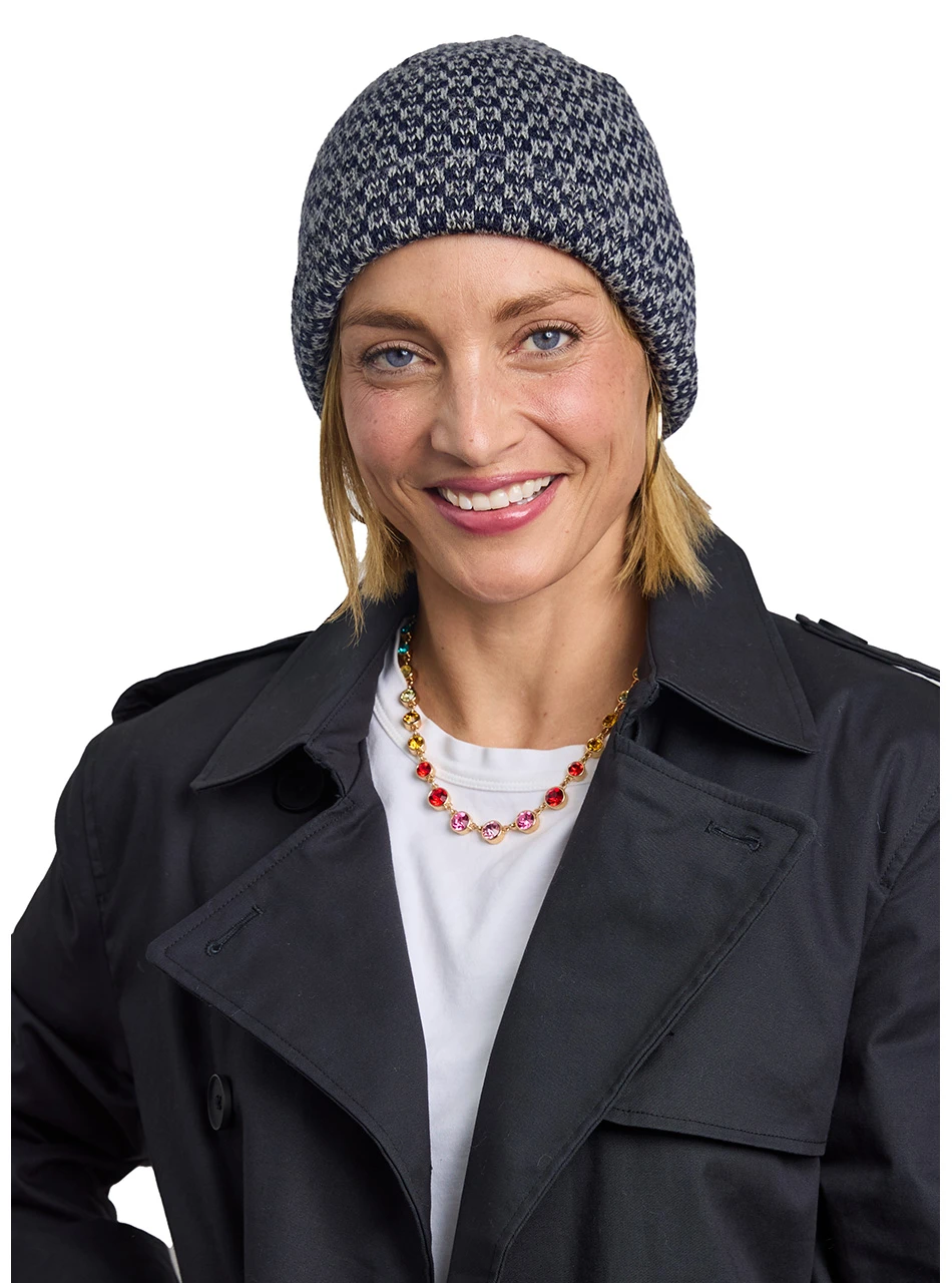 Birdseye jacquard knit Alpaca Beanie, front on a female model