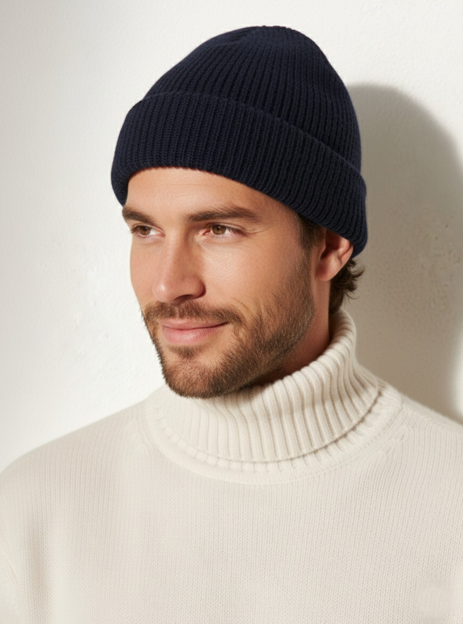 Warm stretchy double-knit alpaca wool hat for cold weather on male model
