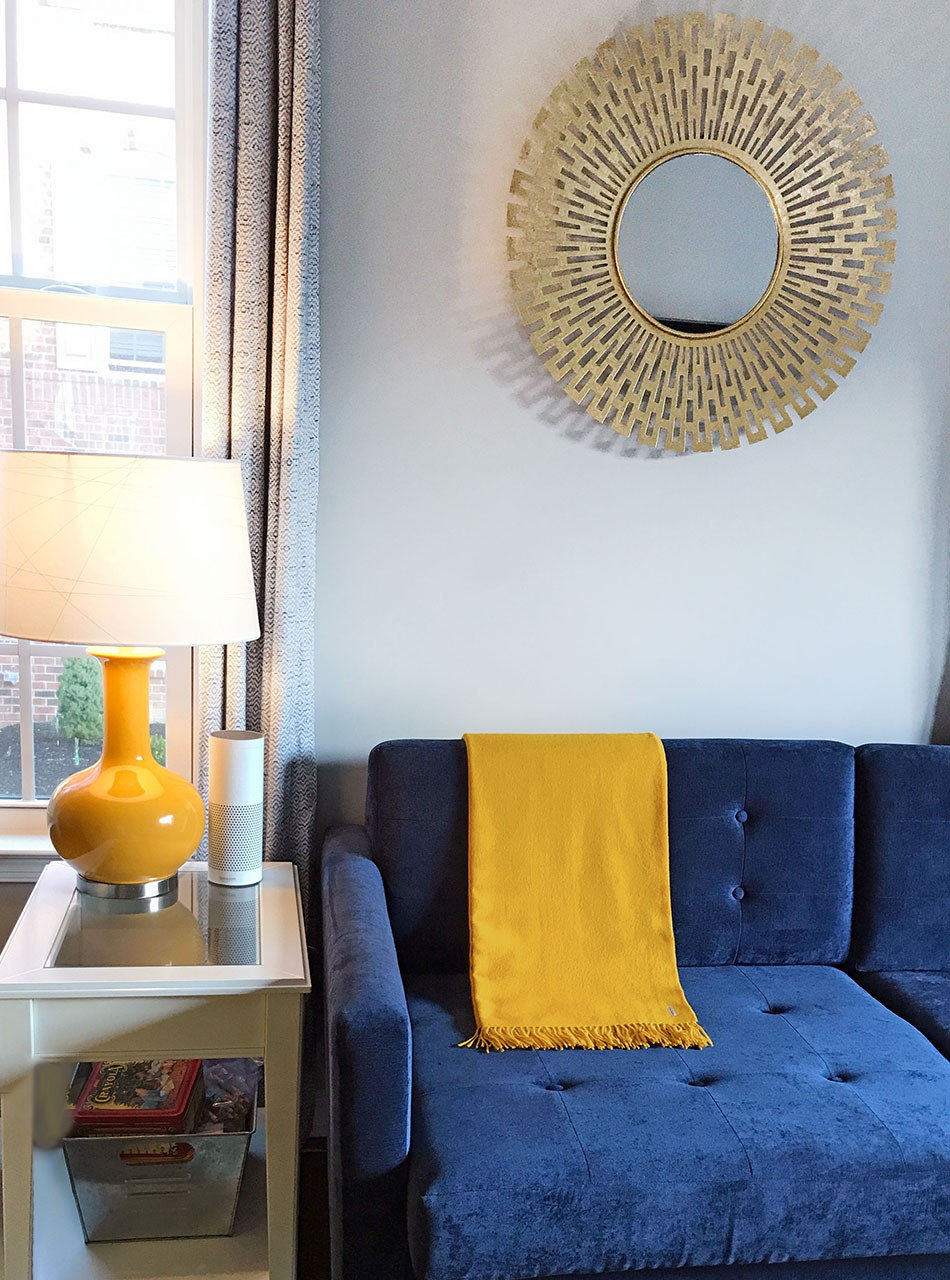 100% Baby Alpaca Wool Throw Blanket - Classic Solid
Tuscan Sunflower Gold  on Navy Couch
