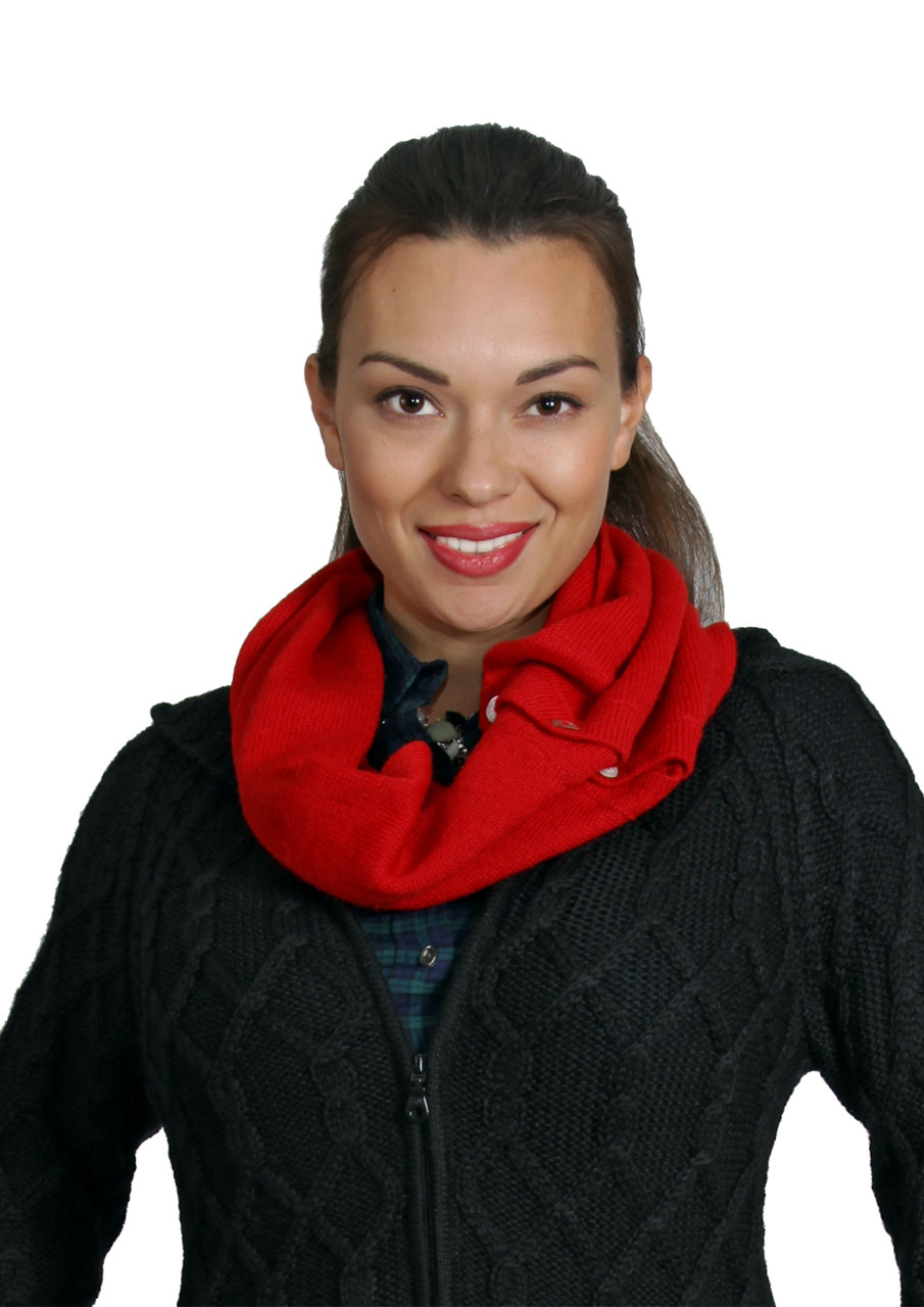 100% Baby Alpaca Wool 2-in-1 Convertible Knit Infinity Circle Scarf for Men and Women -On Model - Buttoned into infinity scarf