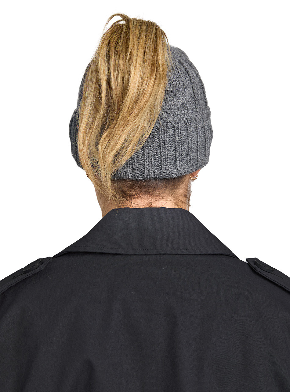 Back view of women’s alpaca ponytail beanie