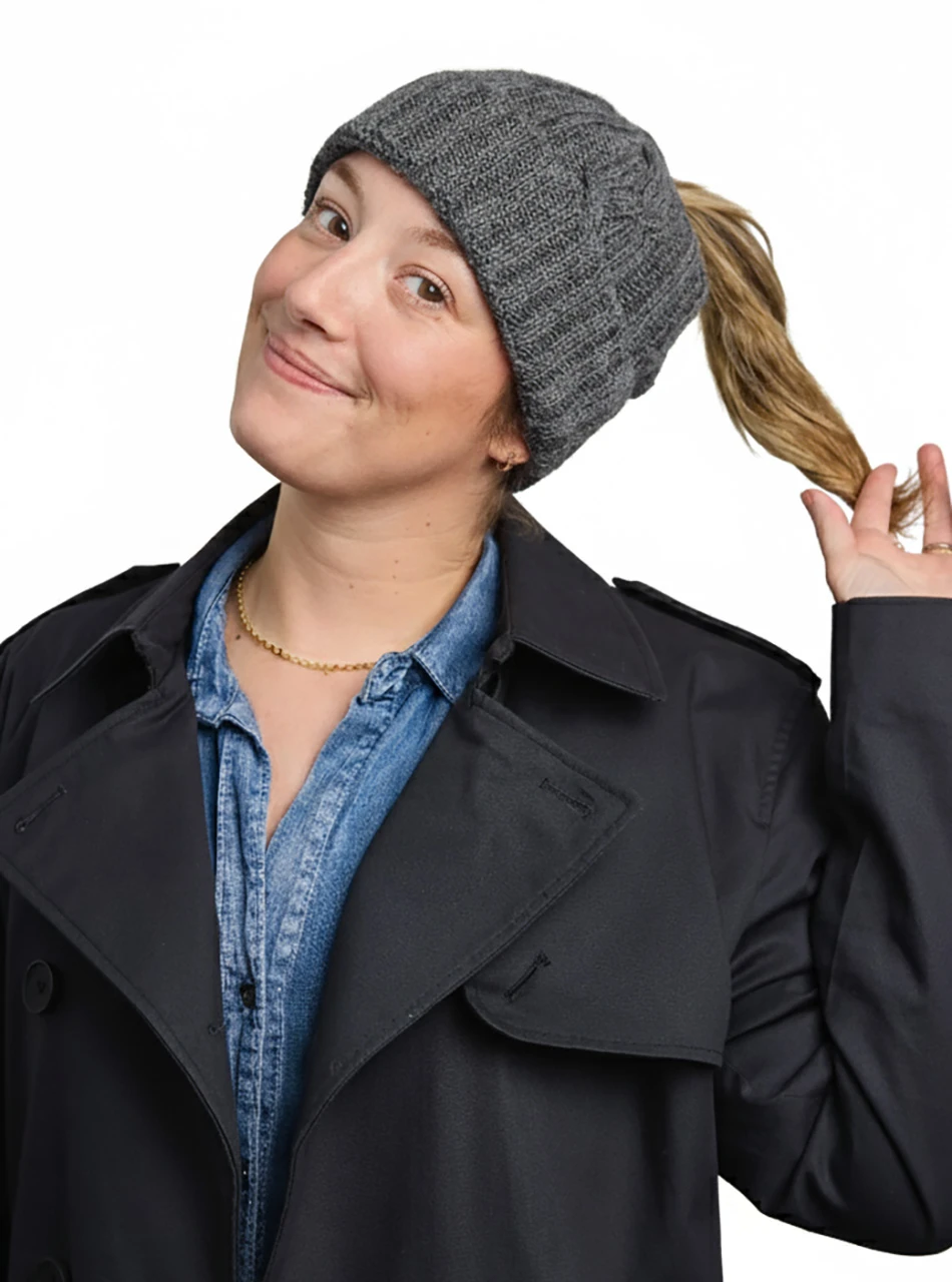 Front view of Chunky Cable Alpaca Ponytail Beanie