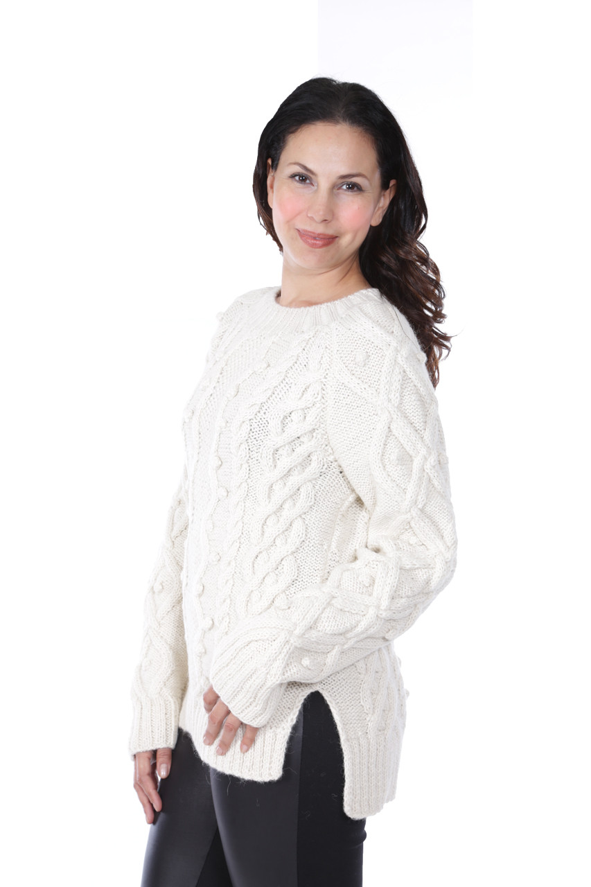 Olivia Aran Crewneck Alpaca Wool Sweater
Side-view on Model
