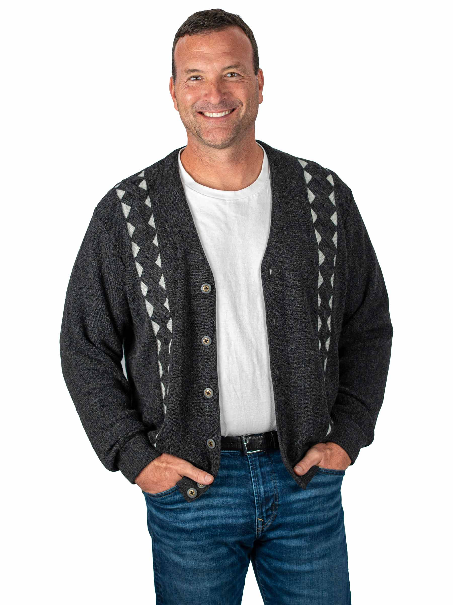 Men's 100%  Alpaca V-Neck Cardigan open on model