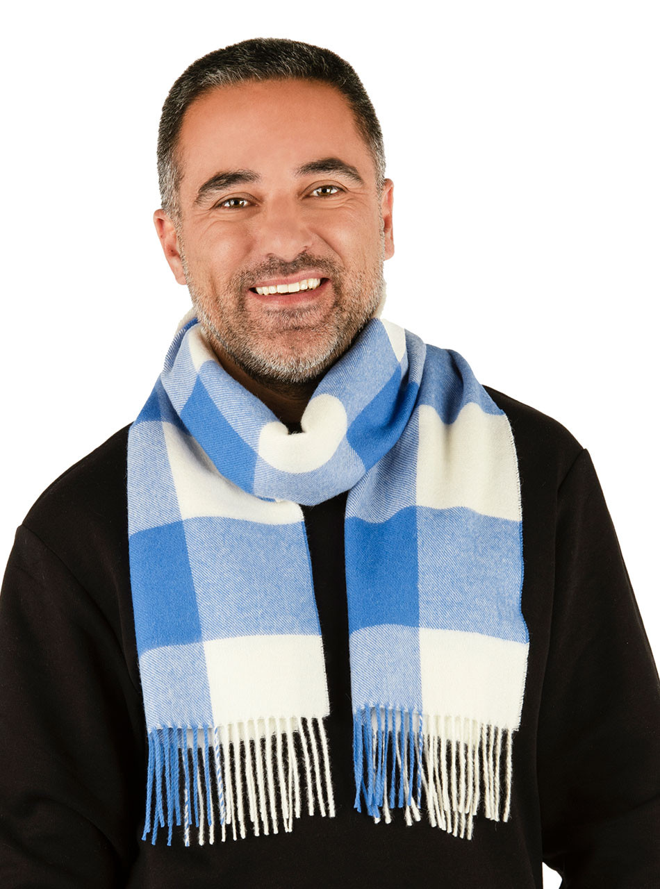 Men's Buffalo Check Plaid 100% Baby Alpaca Scarf  in Blue and White on male model