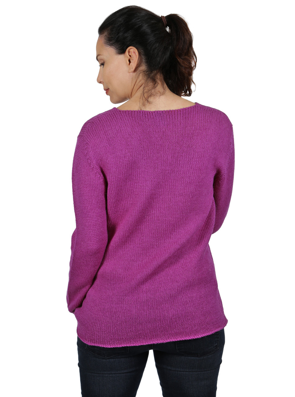 Women's Jewel V-neck 100% Baby Alpaca Wool Pullover Sweater Lavender On Model Back.