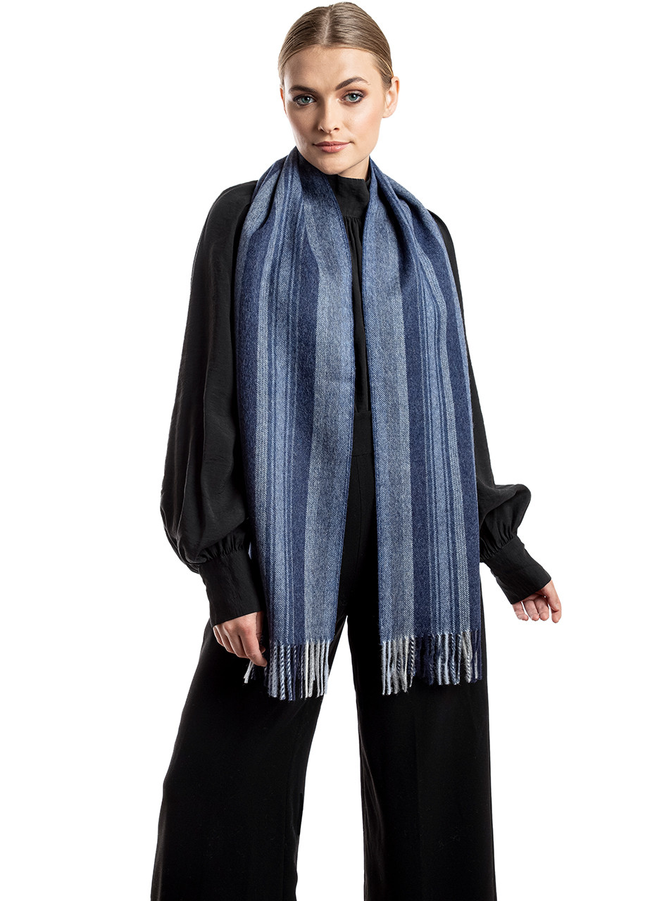 Baby Alpaca Barcode Scarf Unisex Stripe Blue Flint