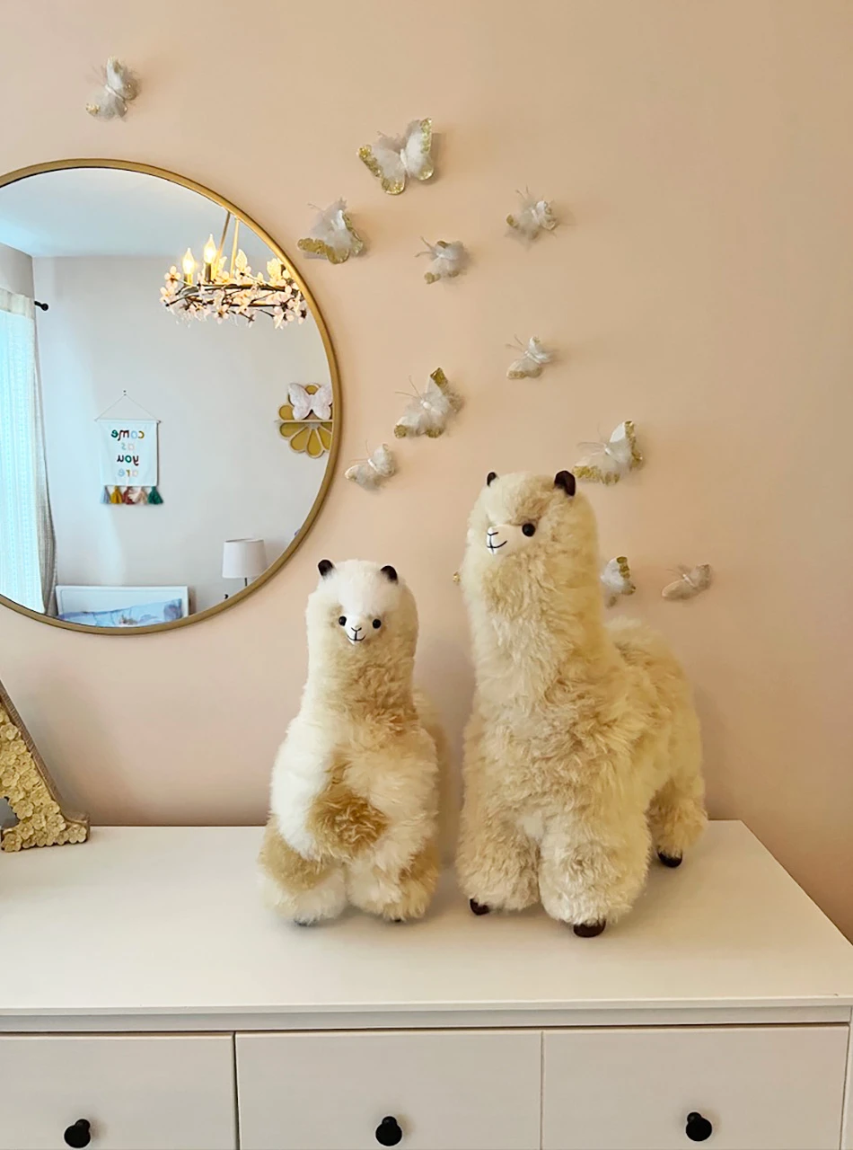 Handmade Baby Alpaca Stuffed Animal  17” & 22” on dresser.