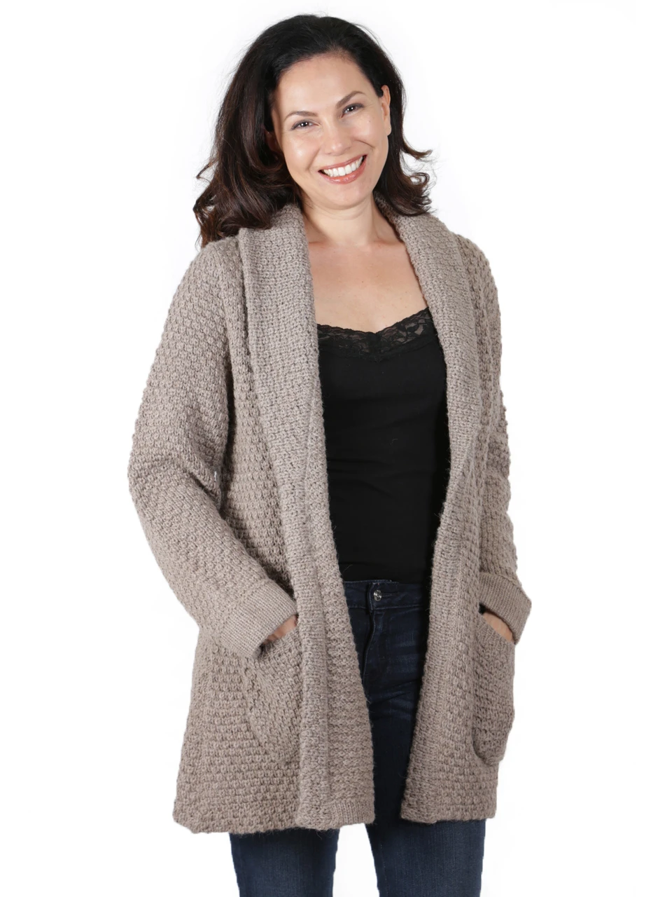 Beatrix Alpaca Cardigan
Natural Rose Grey on Model Front