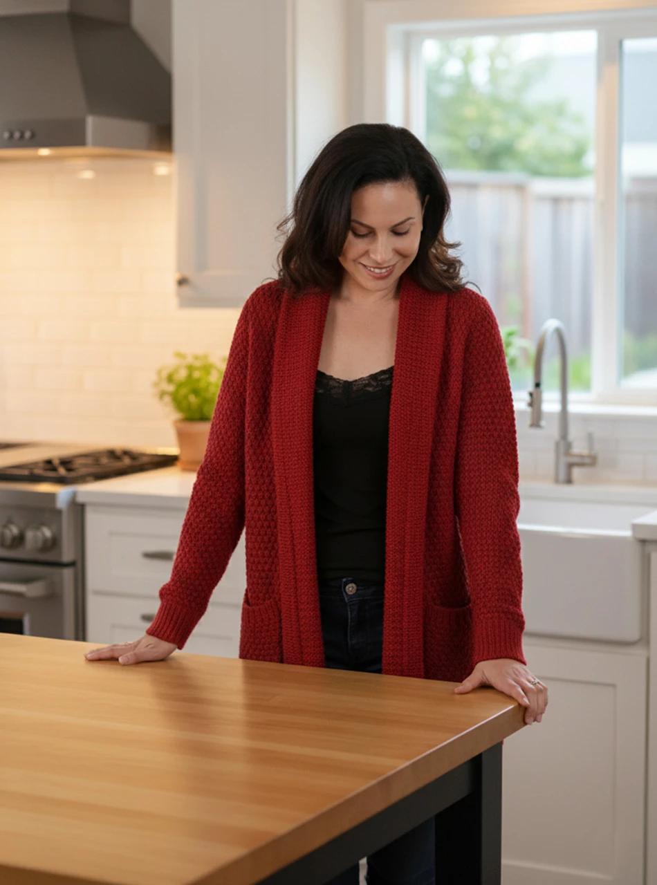 Beatrix Alpaca Cardigan, Garnet, on model, lifestyle image.
