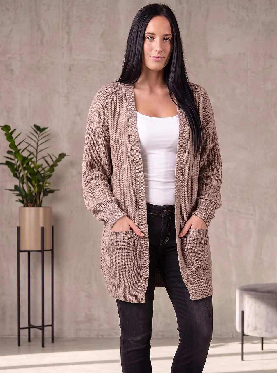 Forever Alpaca Wool Cardigan Duster with Pockets in Mushroom on model, lifestyle