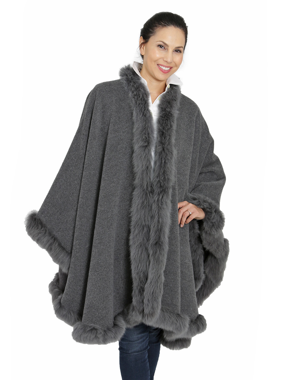 Women's Brushed Baby Alpaca Fur-Trim Cape in
Cinder Gray - Front Thumbnail