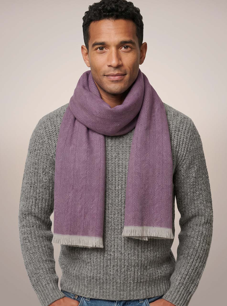 Chevron Eyelash Fringe Baby Alpaca Scarf in Plum Royale on man
