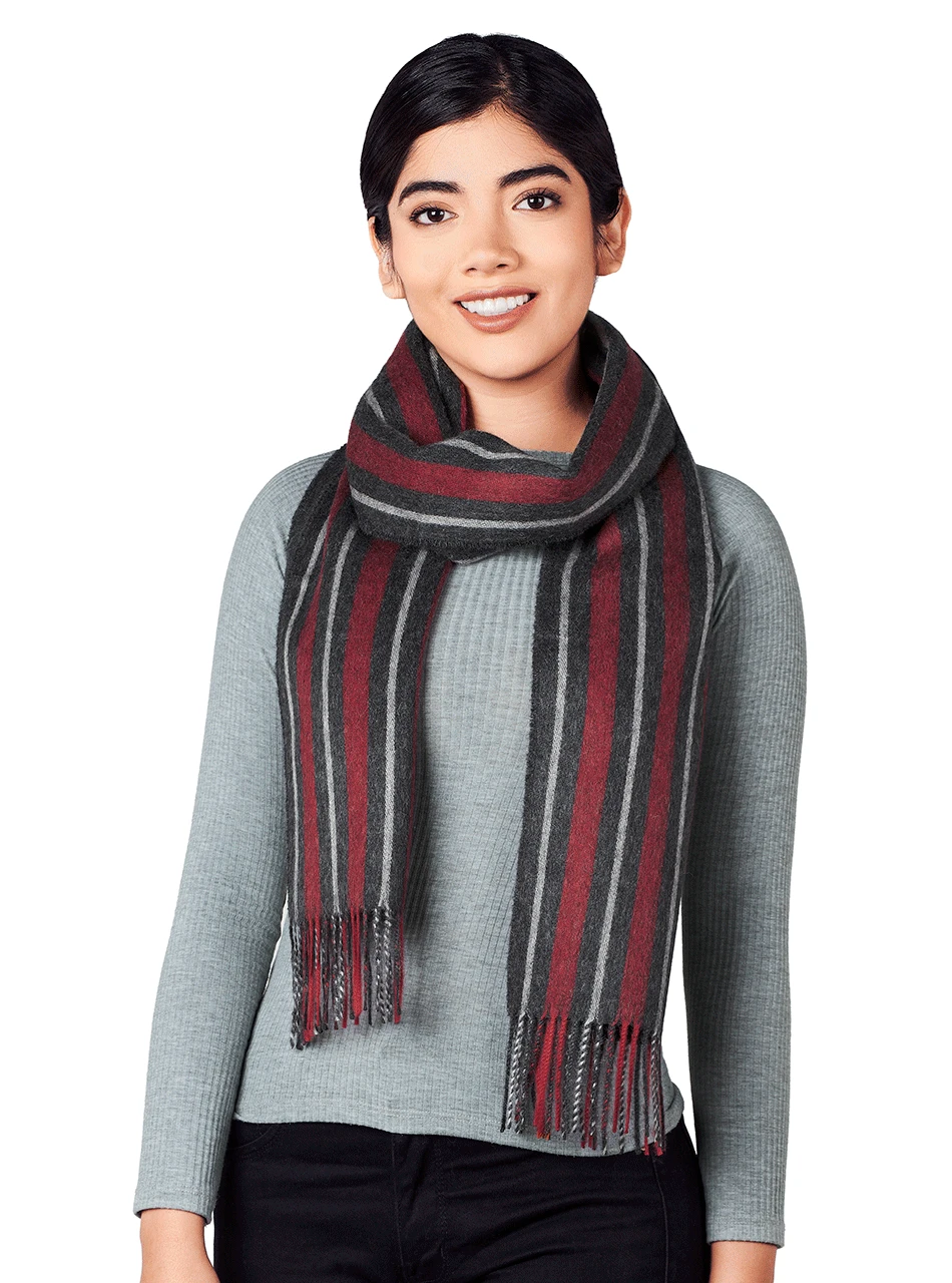 100% Alpaca Scarf Regent Stripe Double Sided on woman.