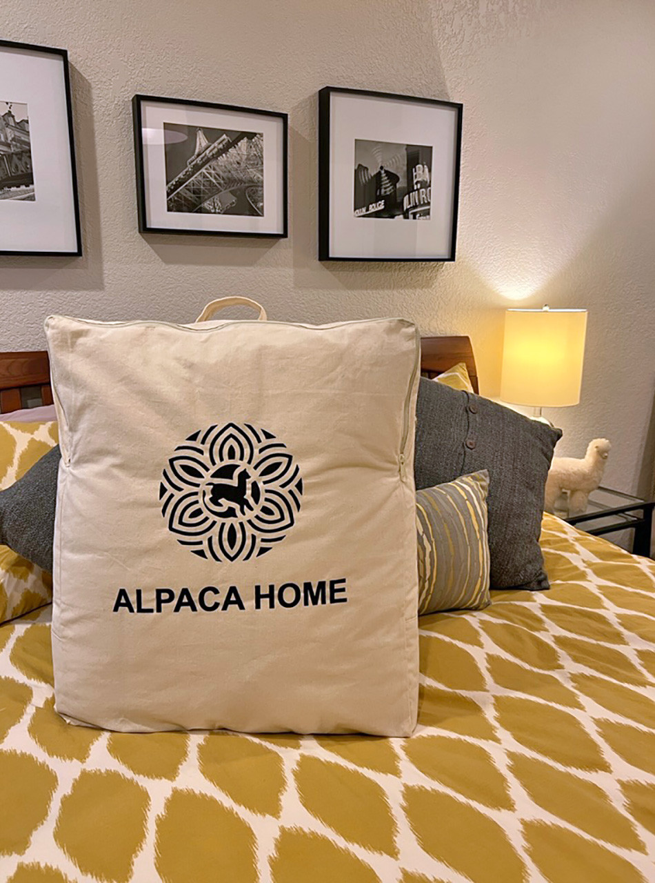 Alpaca Wool Mattress Pad in fabric Packaging.