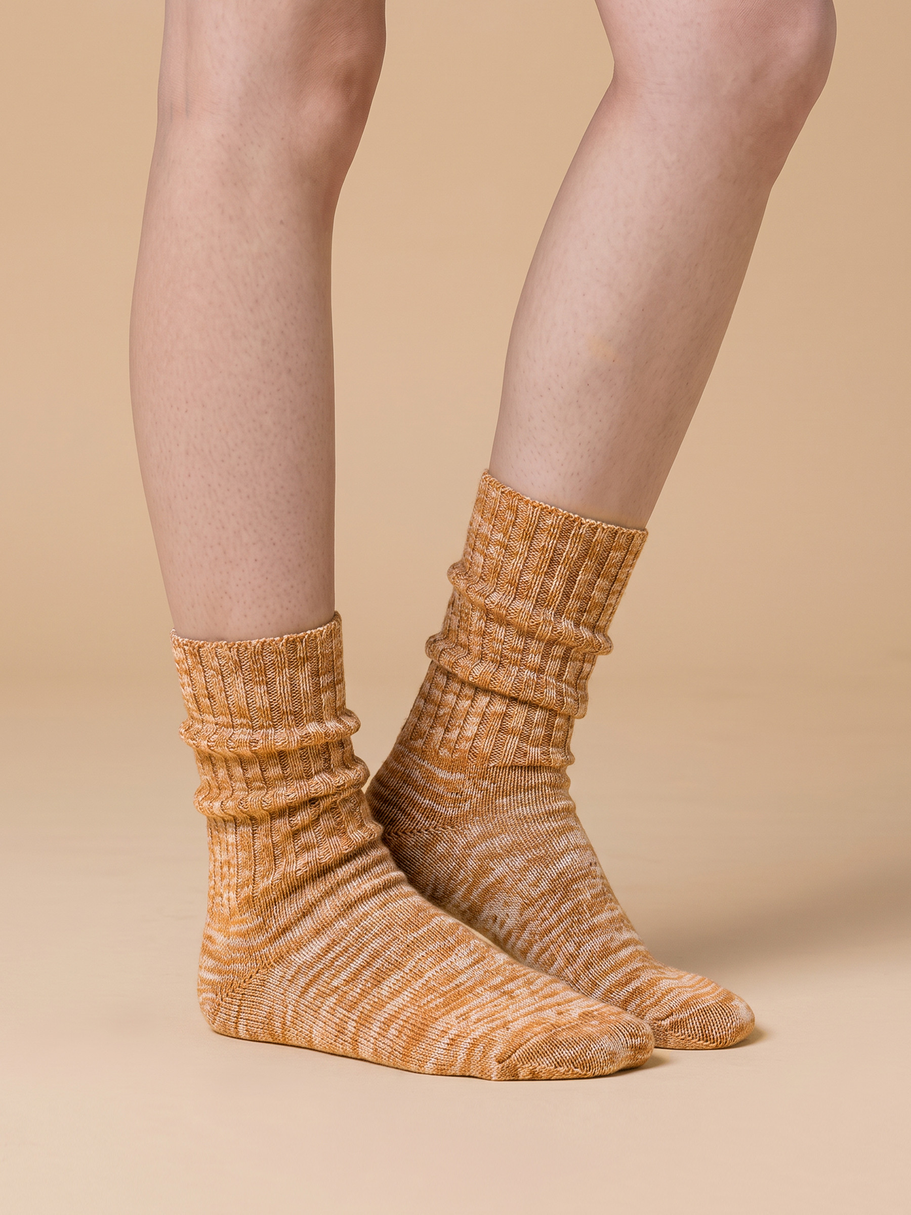 Women's Lodge Marled Alpaca Crew Socks in mustard ivory on model