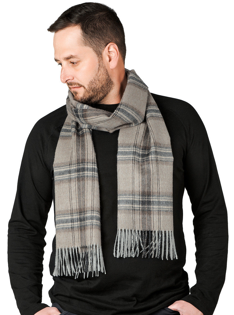 Balmoral Tartan Baby Alpaca Scarf on man.