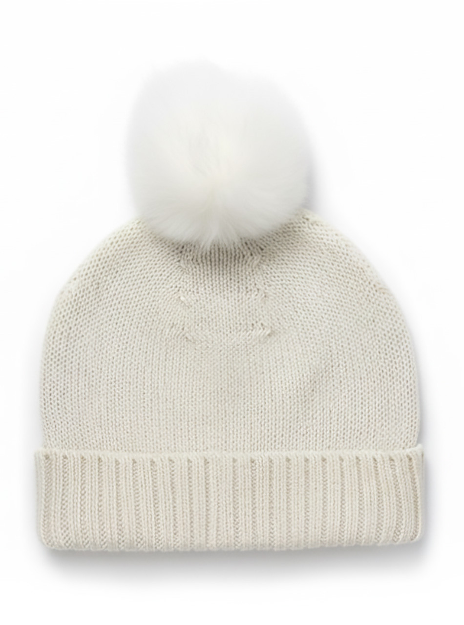 Baby Alpaca Knit Beanie Hat Pom Pom detail Fur Pom Pom Baby Alpaca Knit Beanie in White Main Image