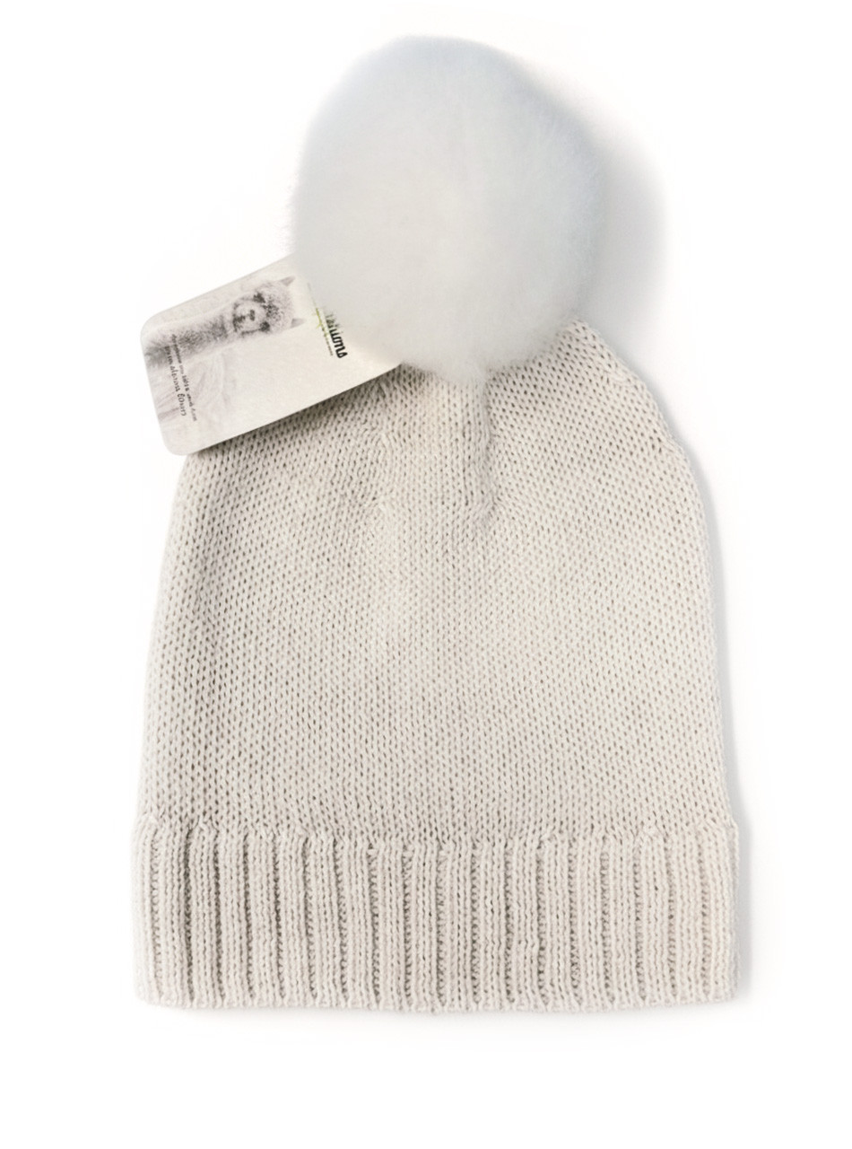 Fur Pom Pom Baby Alpaca Knit Beanie detail White Unfolded