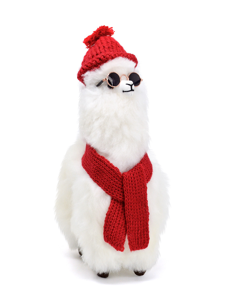 Dressed-Up Alpaca Fur Stuffed Animal Figure with Red Alpaca Hat & Scarf