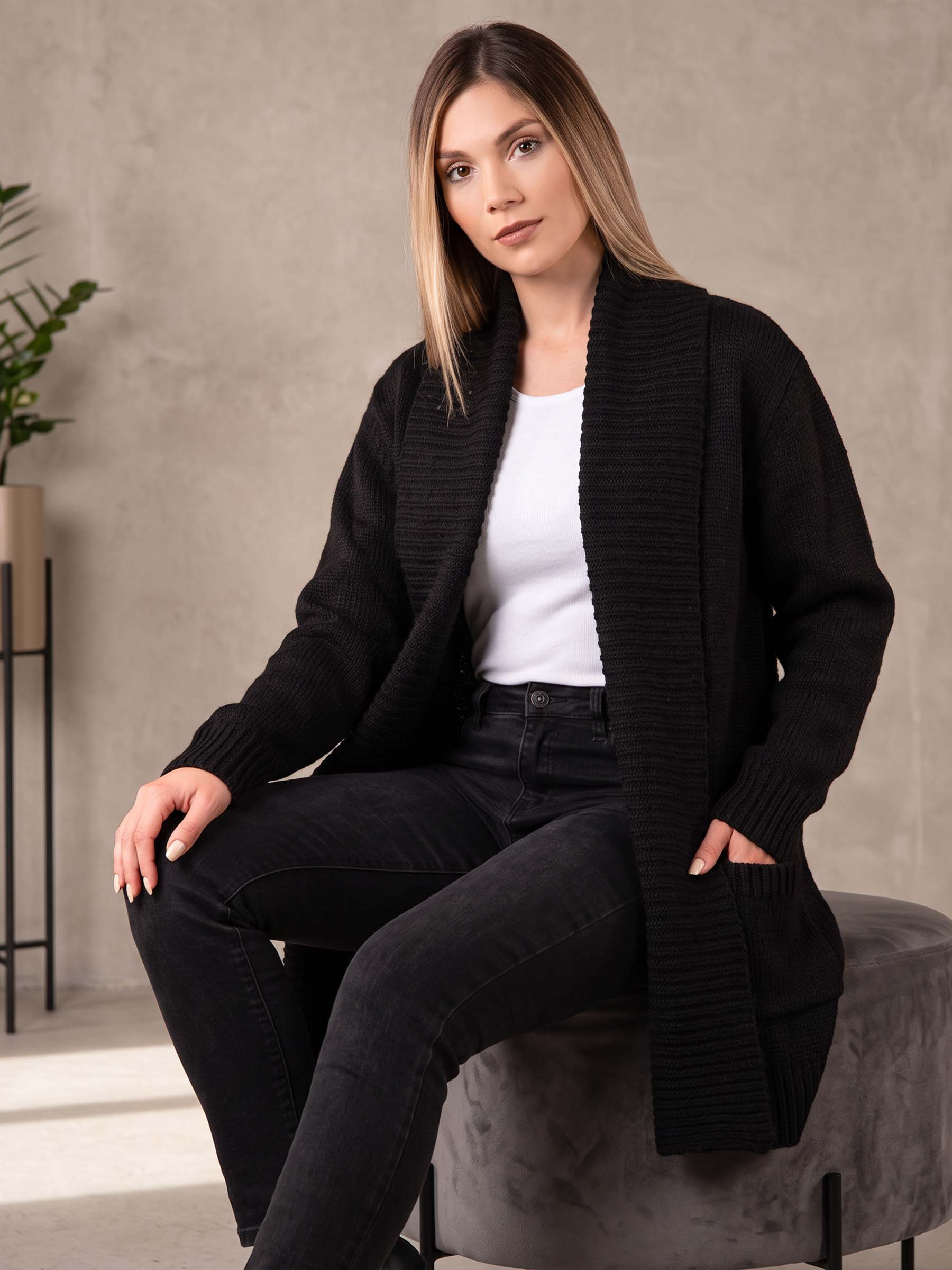 Lightweight Open Front Long Cardigan 100% Alpaca Wool Sweater on model seated