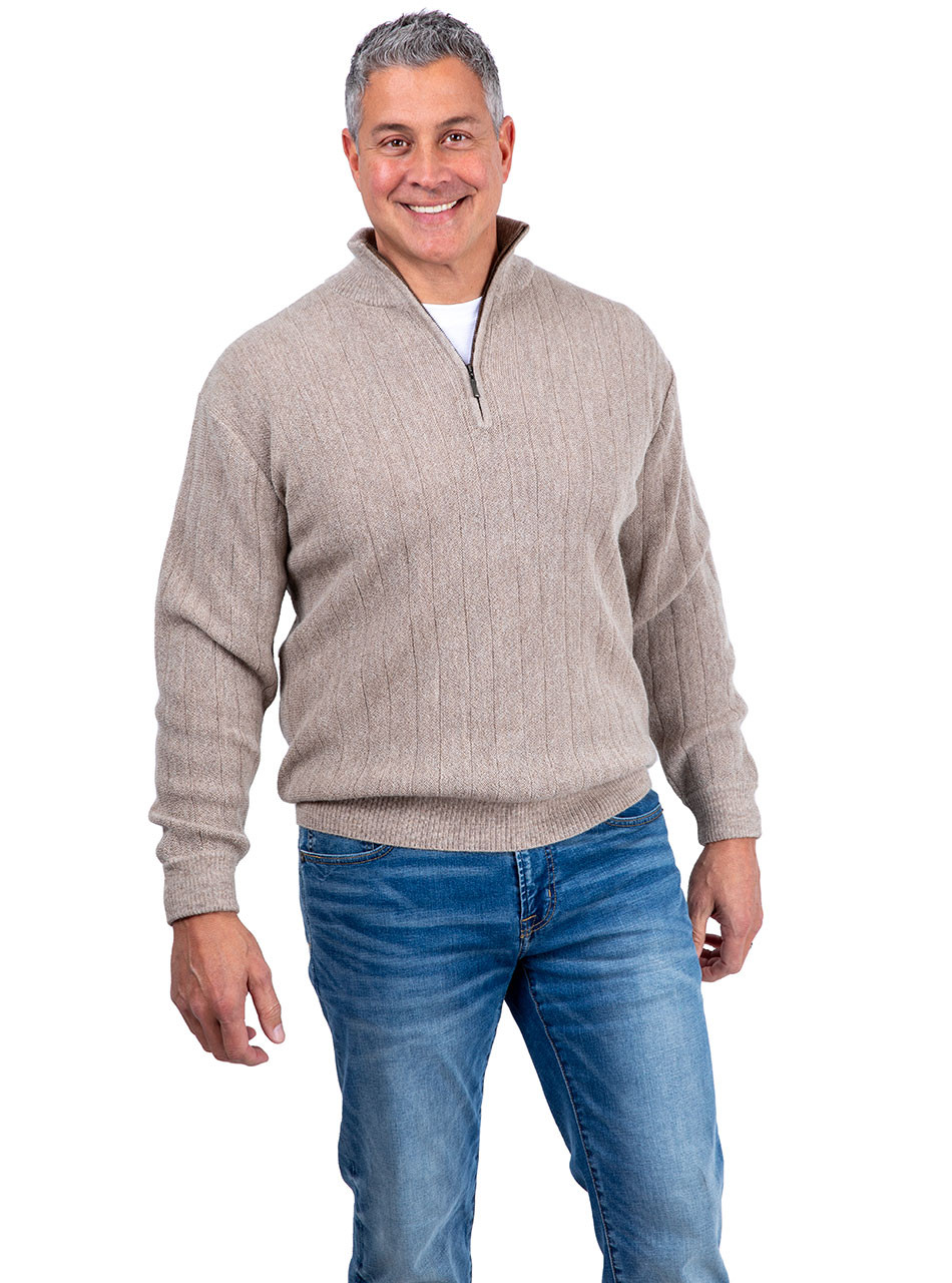 Men's Signature Quarter-Zip Ribbed Pullover Alpaca Sweater in Cliffside Sand, front.