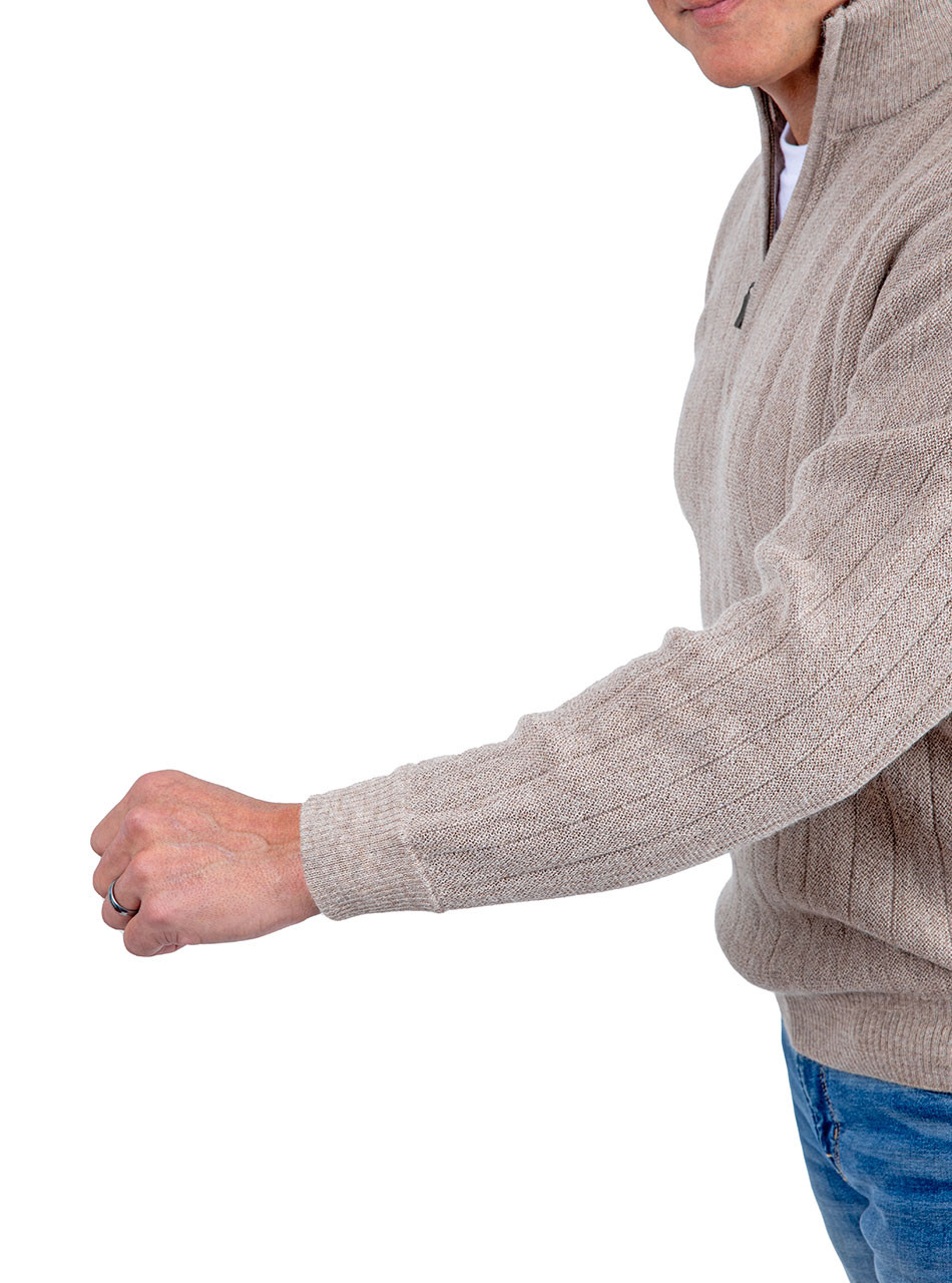 Men's Signature Quarter-Zip Ribbed Pullover Alpaca Sweater - cuff, close up.