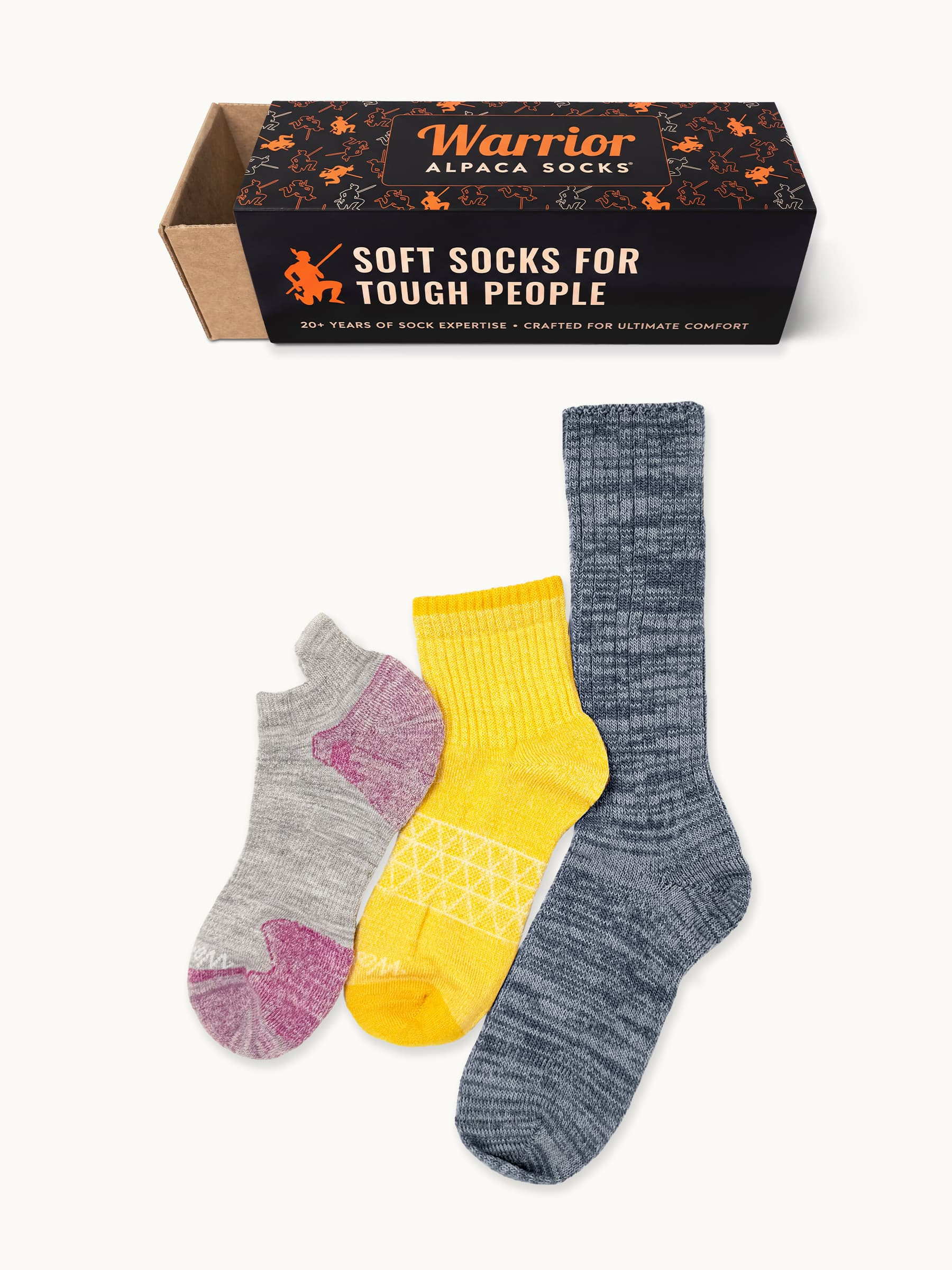 All She Could Ask For Alpaca Sock Gift Box flatlay of all three socks and box