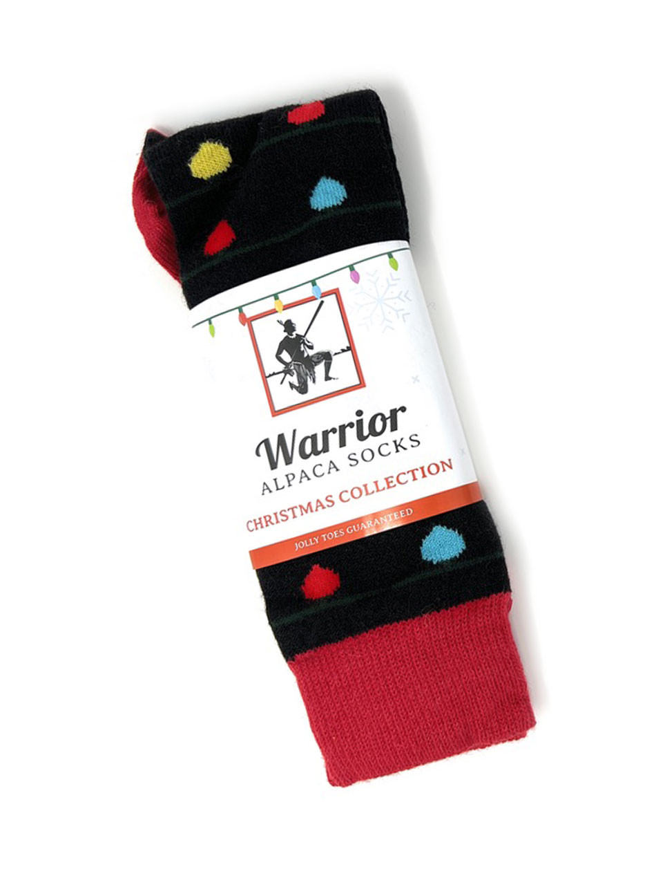 Holiday Christmas Lights alpaca socks - with festive holiday packaging.