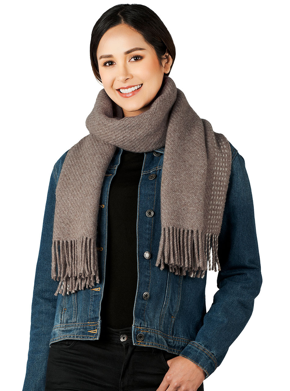 Women's Organic Oversized Alpaca & Merino Wool Scarf and Shawl on model - worn as scarf.