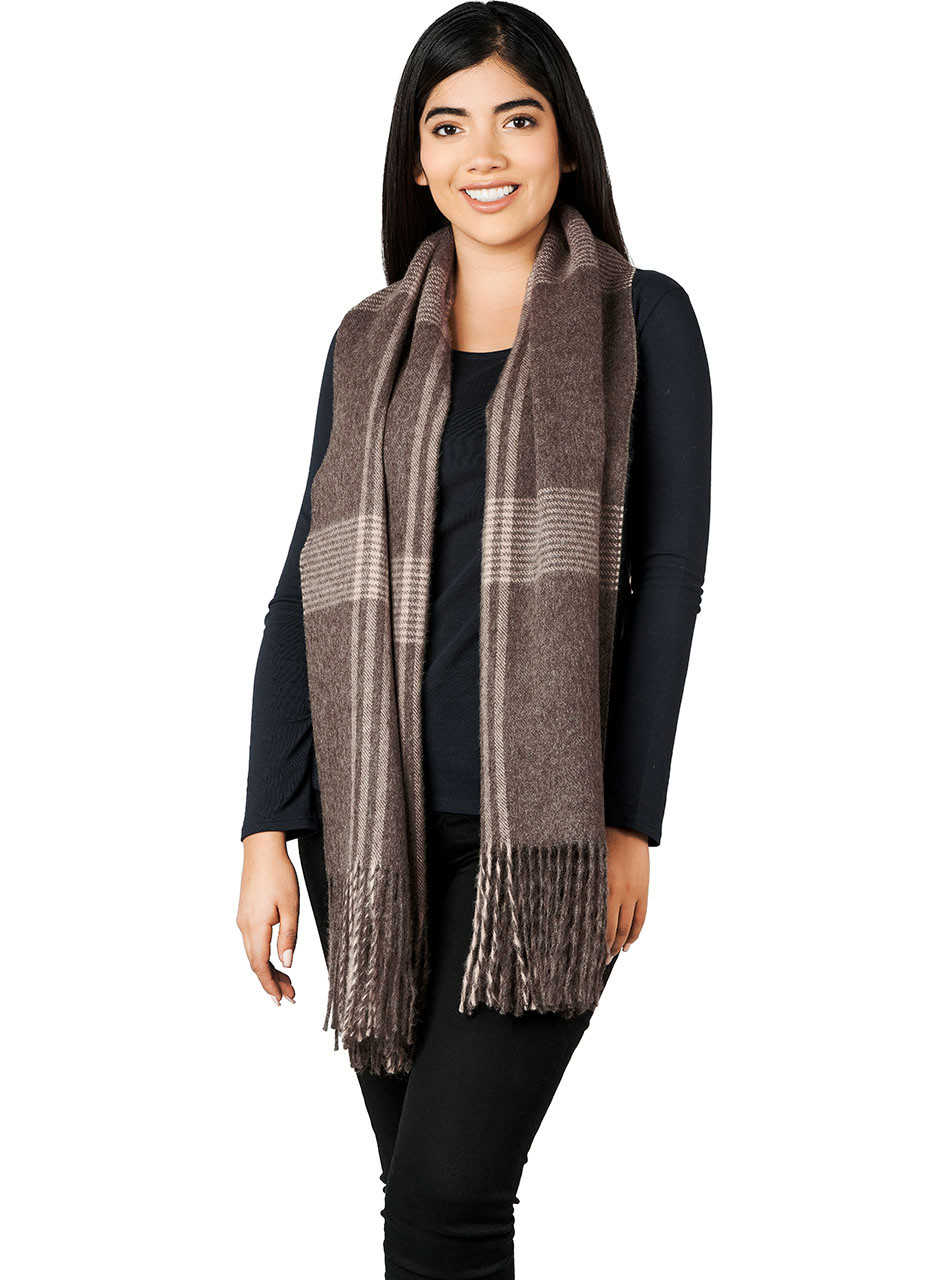 Organic Eco Plaid Scarf & Shawl with Extra Long Fringe, worn long on model.