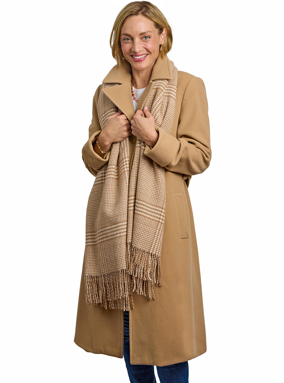 Alpaca Houndstooth Plaid Shawl Wrap Organic on model with coat.
