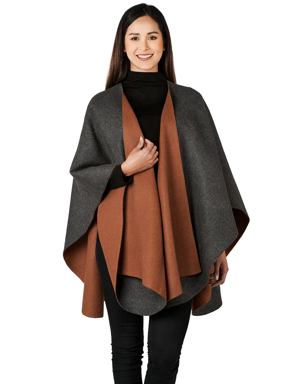 Women's Aurora Reversible Alpaca Ruana Wrap - 100% Baby Alpaca Wool - on Model.