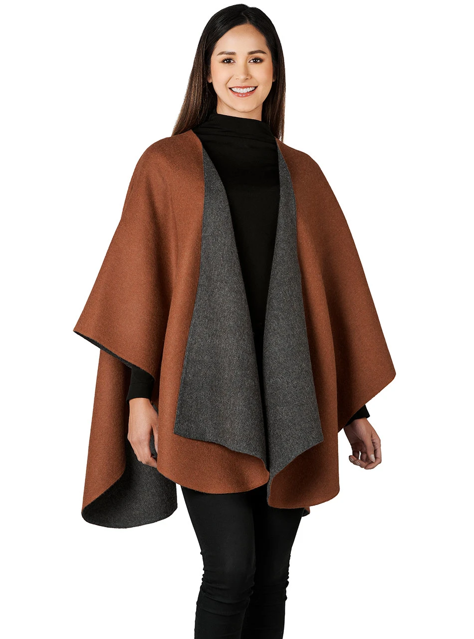Women's Aurora Reversible Alpaca Ruana Wrap - 100% Baby Alpaca Wool - on Model alternate side.