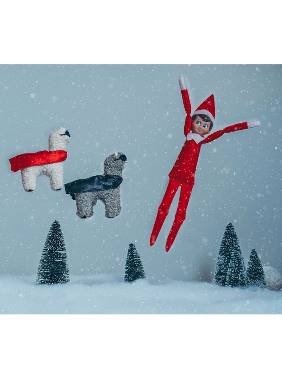 Alpaca Superheros flying with Jingle Elf on the Shelf.