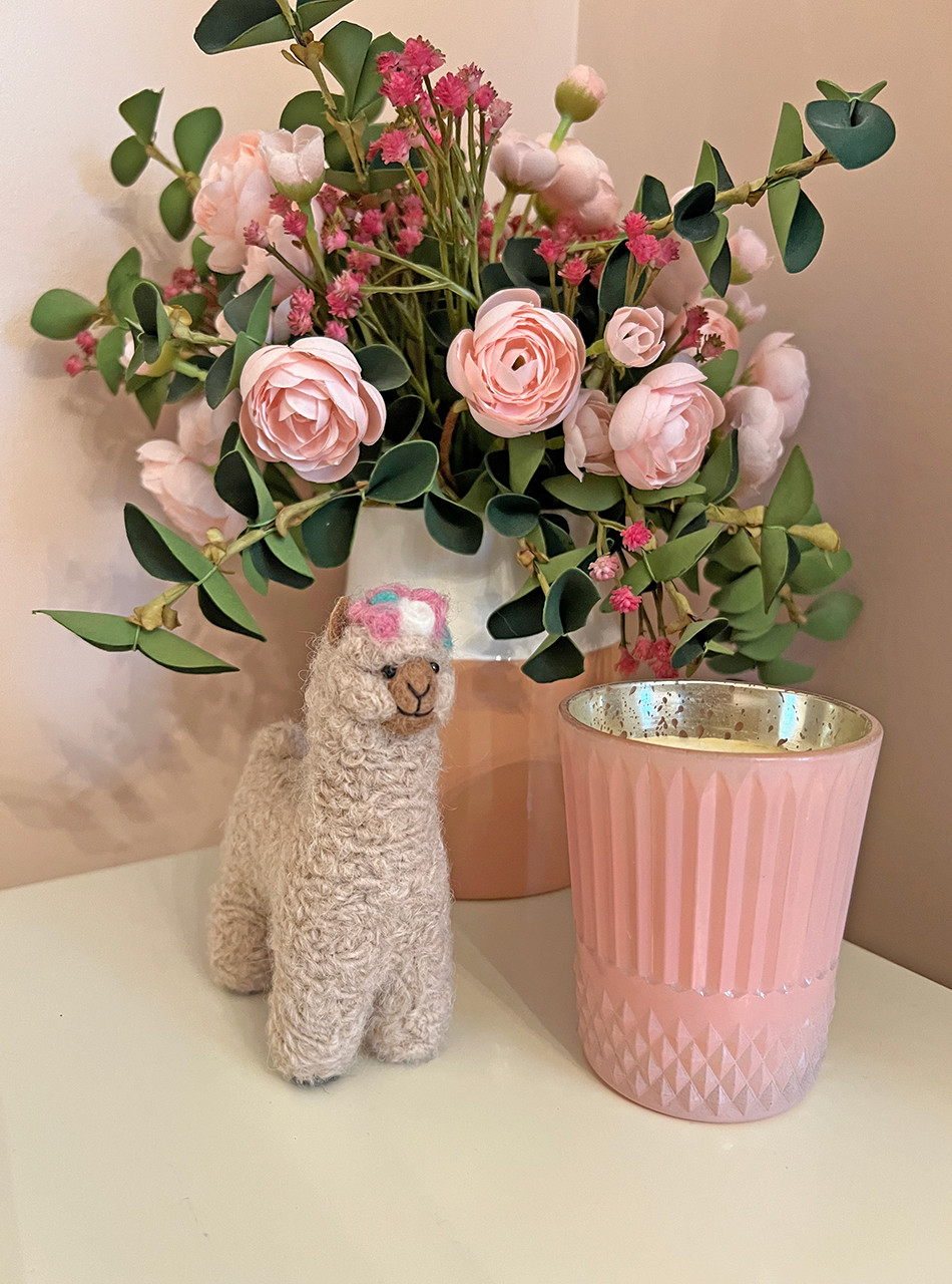 Alpaca Felted Figure with Flower Crown and candle
