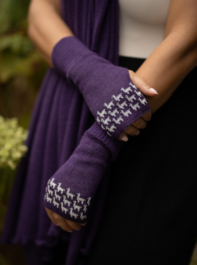 Out To Play Reversible Fingerless Mittens - 100% Baby Alpaca Wool - Aubergine, Lifestyle image. Out To Play Reversible Fingerless Mittens - 100% Baby Alpaca Wool - Aubergine, Lifestyle image.