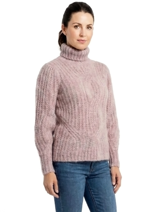 Women’s baby alpaca turtleneck sweater front view with puff sleeves and textured chunky knit