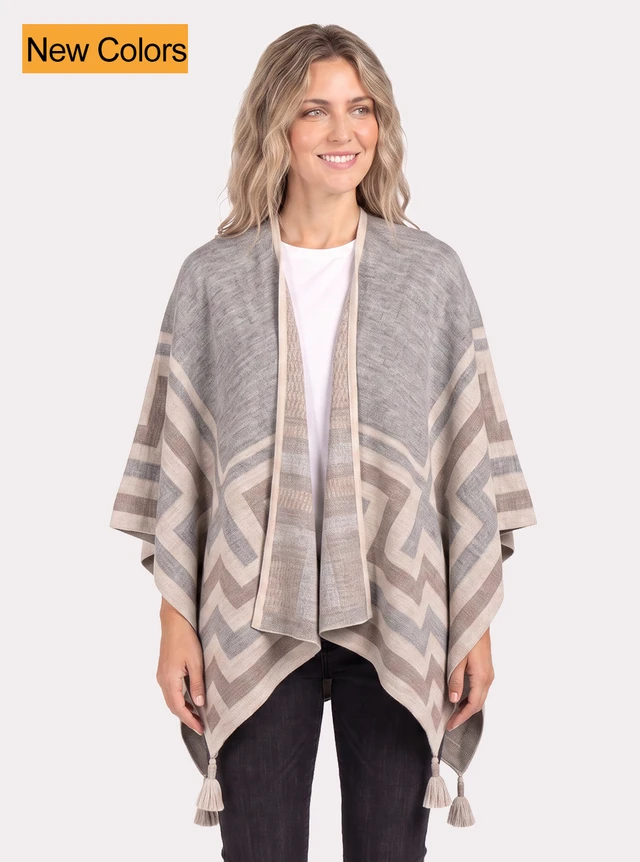 Maze Cape Baby Alpaca Poncho front view on model with jeans and a tshirt