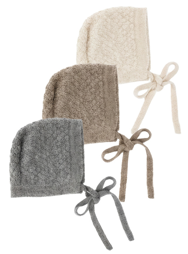 Textured knit baby bonnets in natural undyed baby alpaca wool colors, main image..