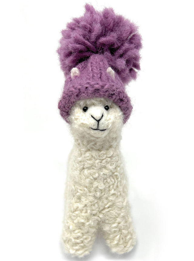 Needle Felted Alpaca Figures with Oversized Pom-Pom Hat - White Front.
