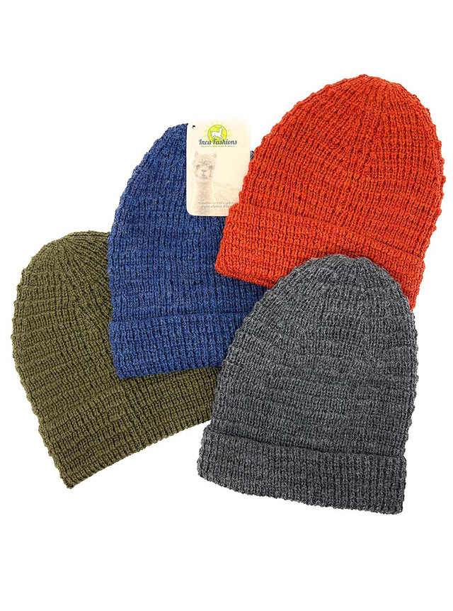 Waffle-knit baby alpaca beanie in four colors, main.