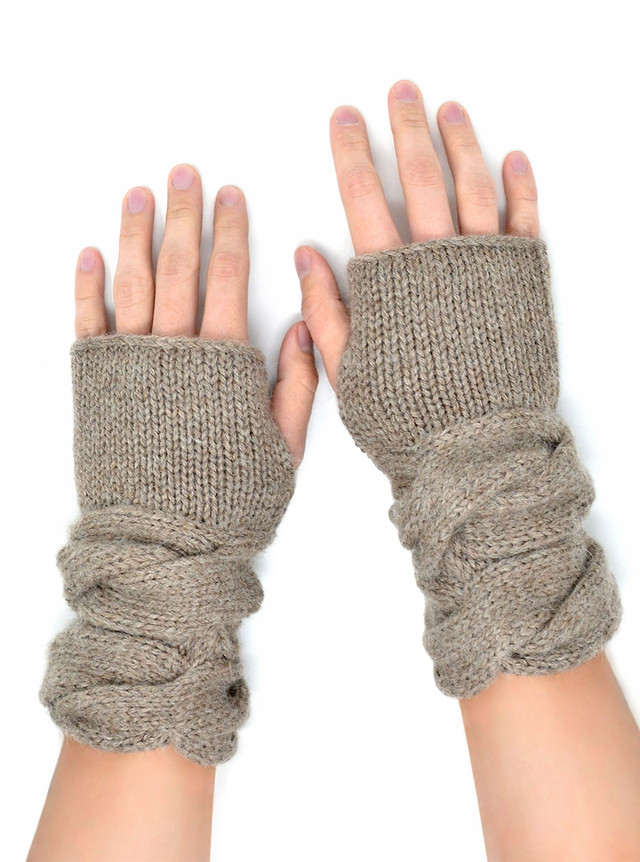 Chunky Cable Fingerless Alpaca Mittens on hands