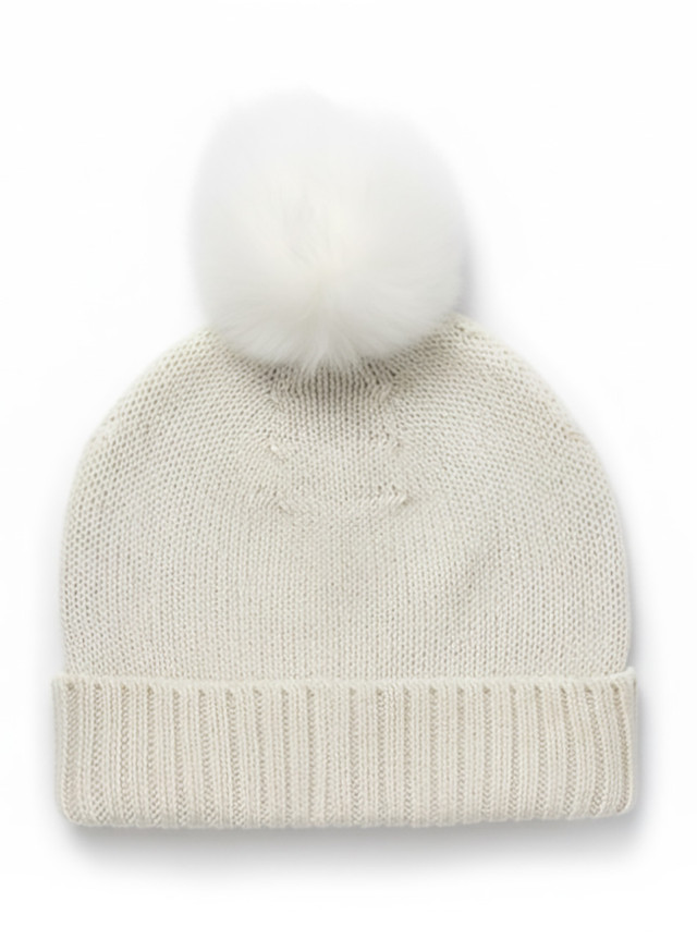 Baby Alpaca Knit Beanie Hat Pom Pom detail White Main Image Baby Alpaca Knit Beanie Hat Pom Pom detail White Main Image