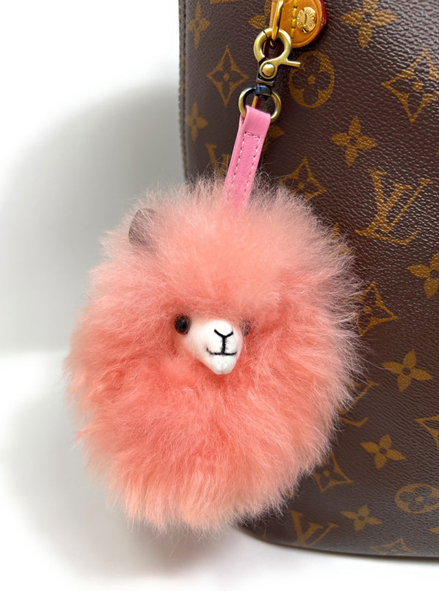 Fuzzy face Alpaca fur Keychain and purse charm shown on Purse - Main