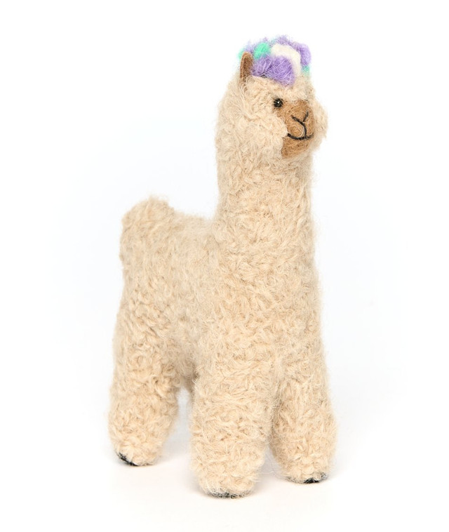 Needle Felted Alpaca Figurines with Flower Crown - Fawn, Front.